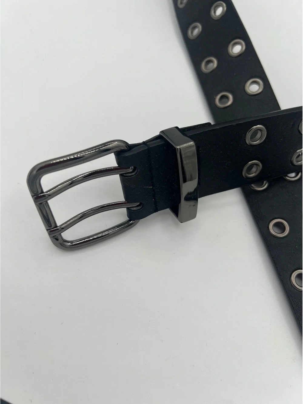Black Double Prong Faux Leather Metal Eyelet Belt Size 38-40